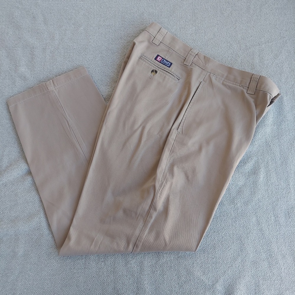 Chaps Ralph Lauren Mens Khaki Chino Pants Flat Front Cotton 34x32 Tan Trousers